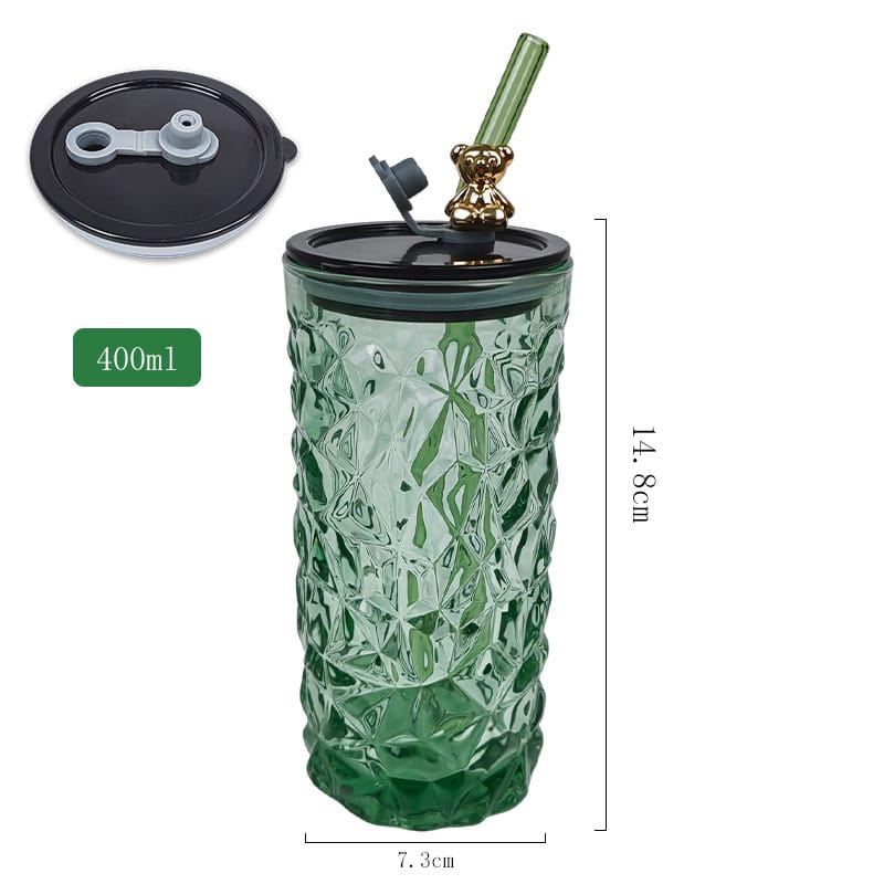 Size Of Green Drinking Glass Tumbler With Straw and Lid.