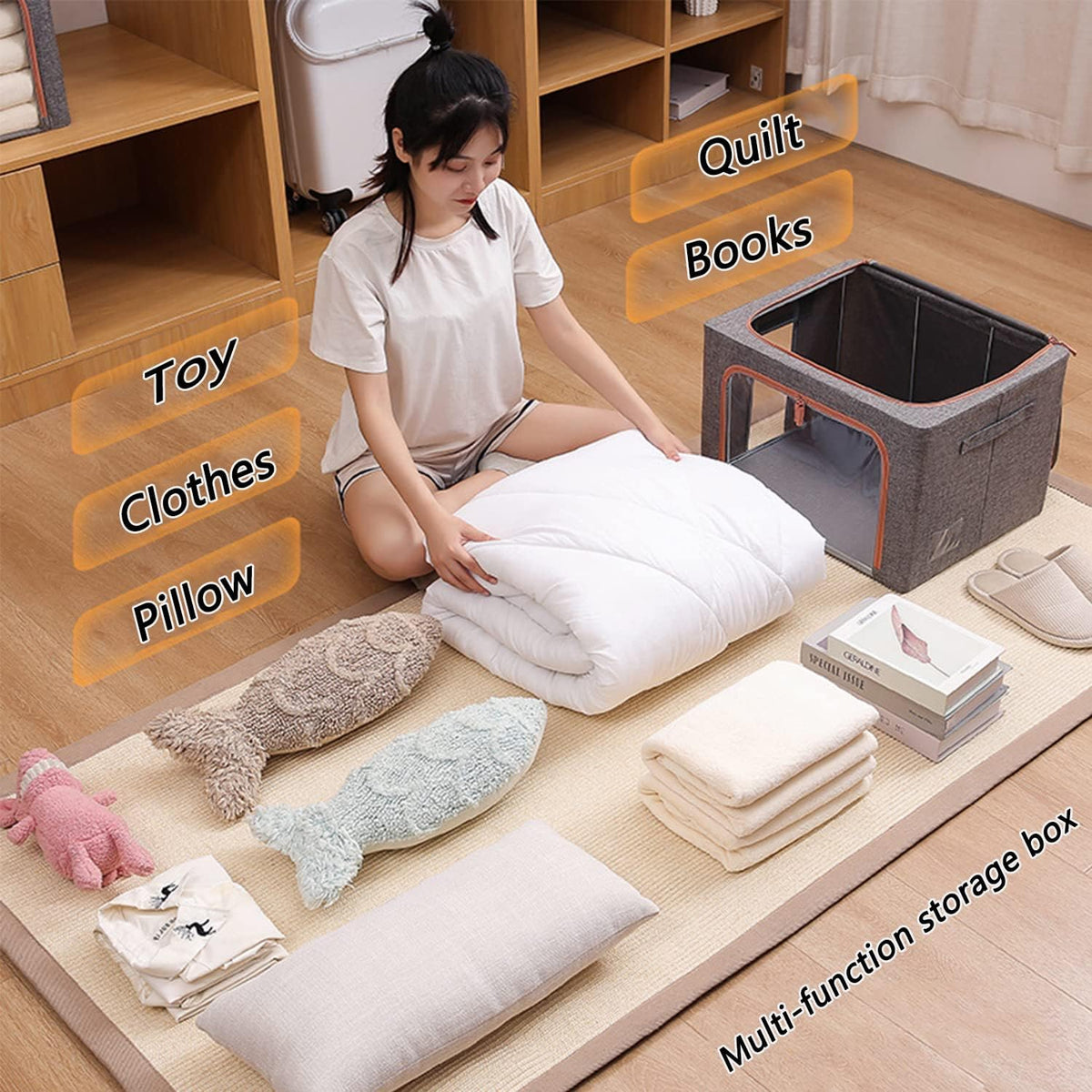 A girl is placing clothes, bedsheets, and pillows into the 2 x 66L Foldable Large Capacity Cloth Storage