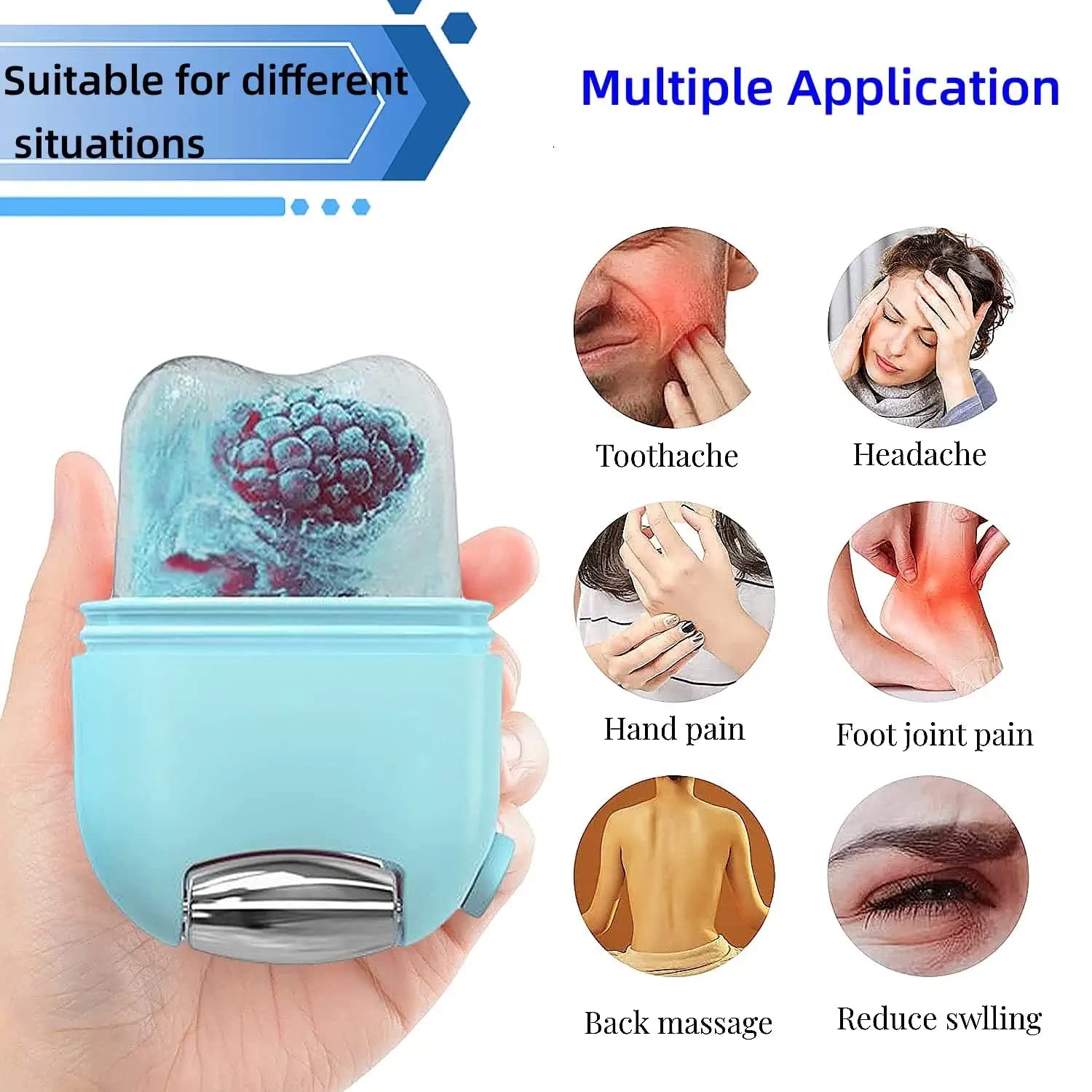 A Person is Holding  Dual Ice Facial Roller and Image Shows the Multiple Application.