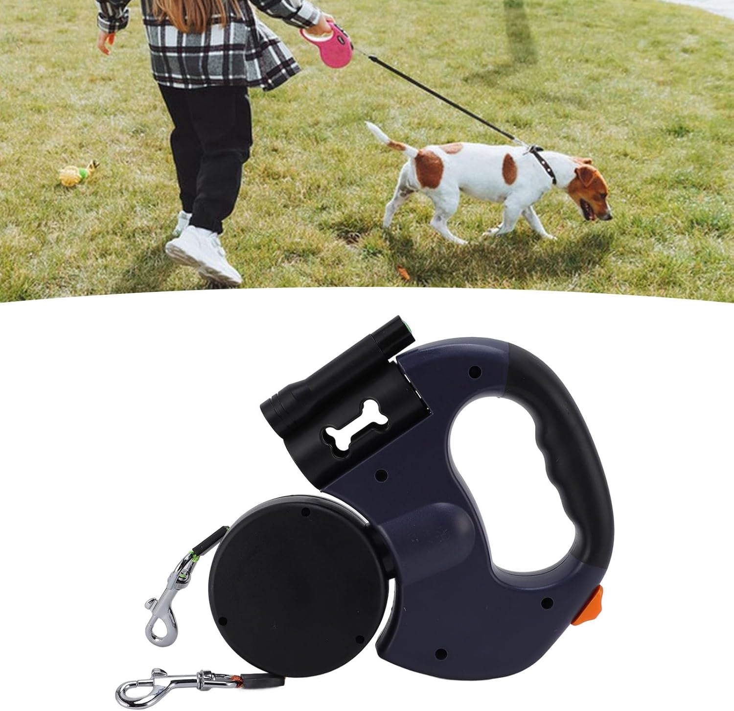 In the top section, a person is walking a small dog outdoors on grass, holding a retractable leash, demonstrating real-life use.In the bottom section, the leash handle is displayed clearly.