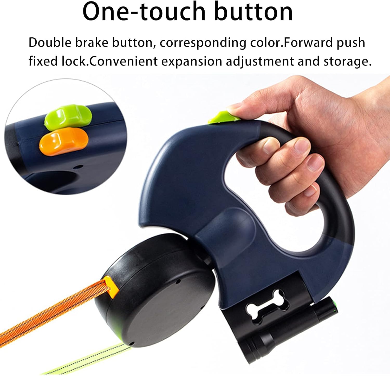 A close-up of a dual retractable dog leash handle being held in one hand, featuring two color-coded buttons for controlling each leash separately