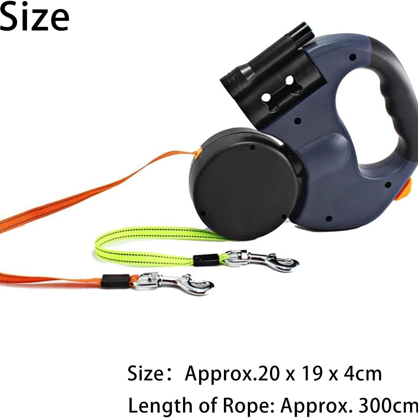 Size details of Dual Retractable Dog Leash.