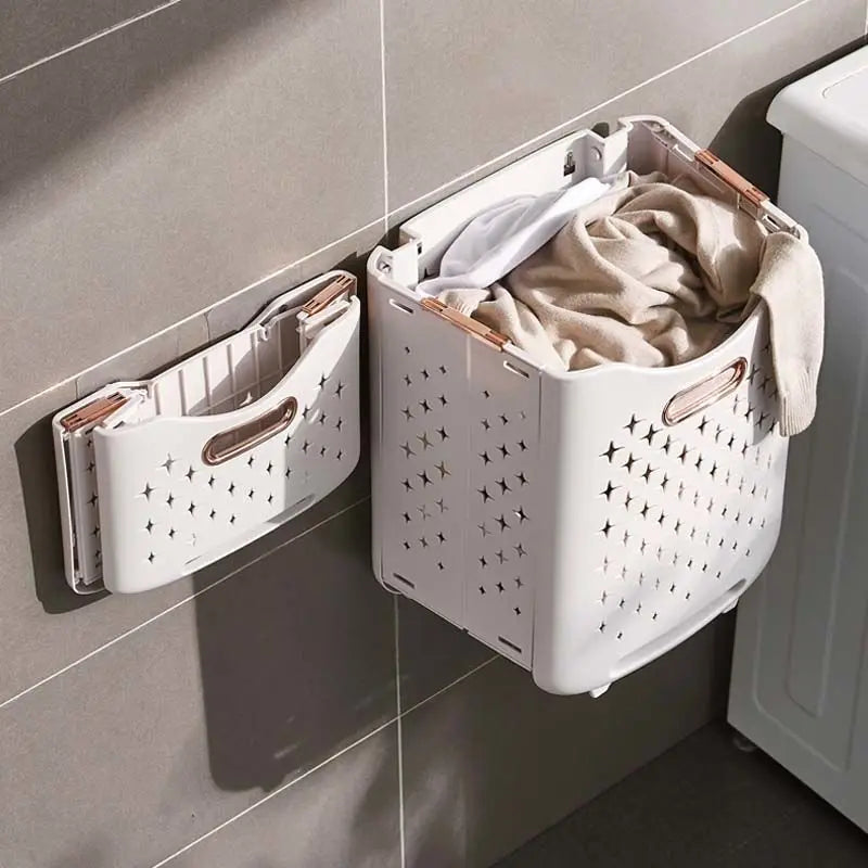 2 Tier Laundry Baskets with Wheels placed on the wall
