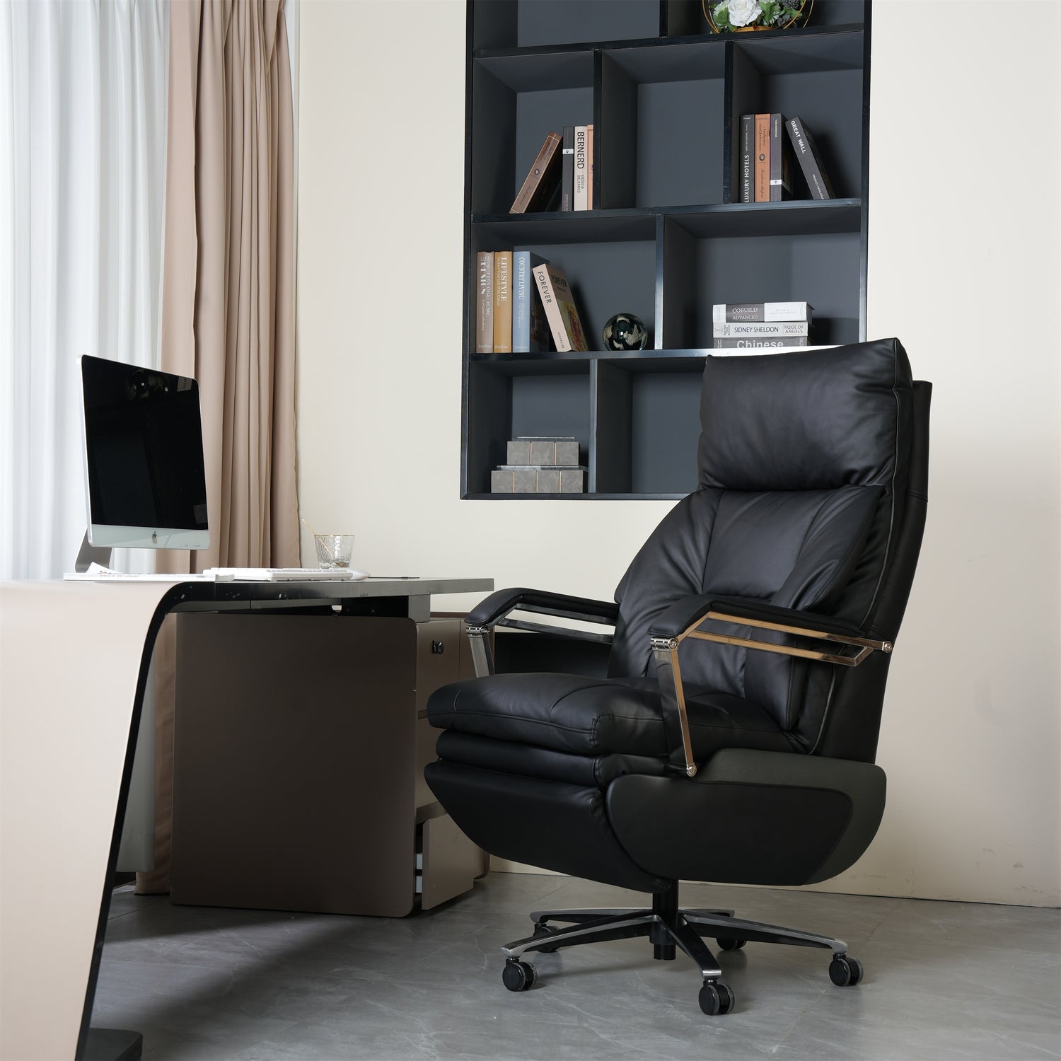 Adjustable Electric Office Chair placed in front of an office desk in an office room 