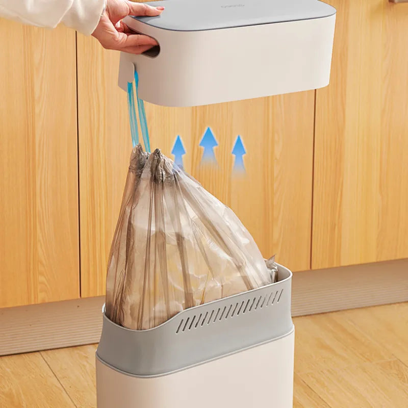 A person pulling out waste bag from inside of Press-type Trash Can