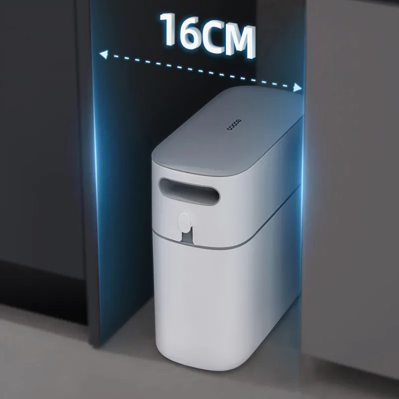 Press-type Trash Can placed on a narrow space and the image showing the size of the area where it has been placed