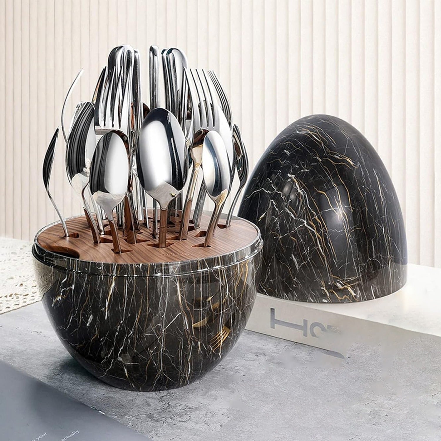 Egg-Shaped Cutlery Organizer with Storage, Mirror Polished Stainless Steel 24-Piece Cutlery Set