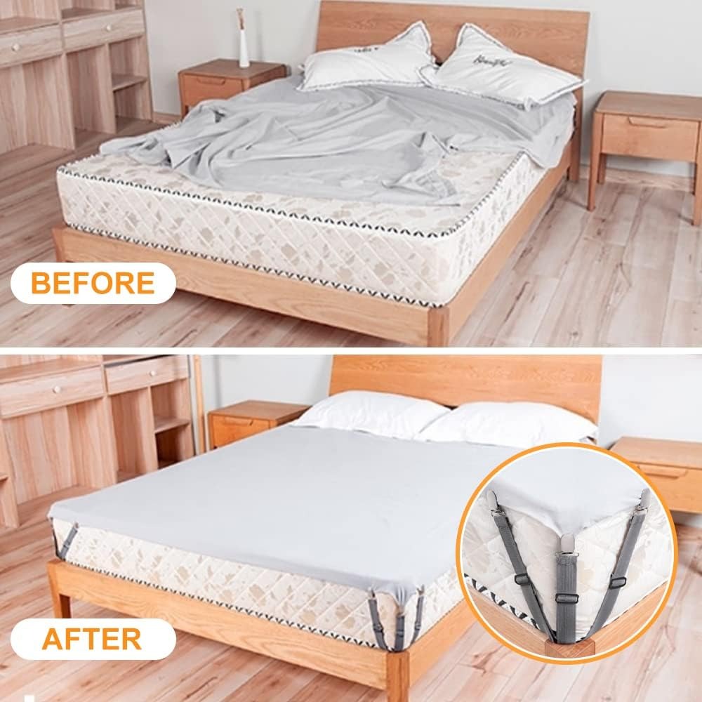 before after Triangle Elastic Suspenders with Gripper Clips for Bedsheets, Mattresses