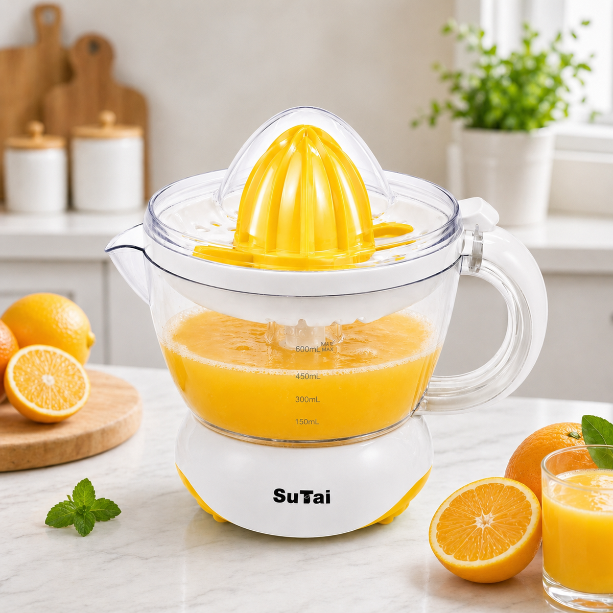 Electric Citrus Juicer with juice and citrus alongside.