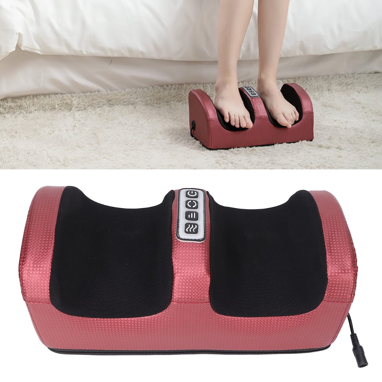 A Women is Placed Her Log On the Electric Foot Massager.