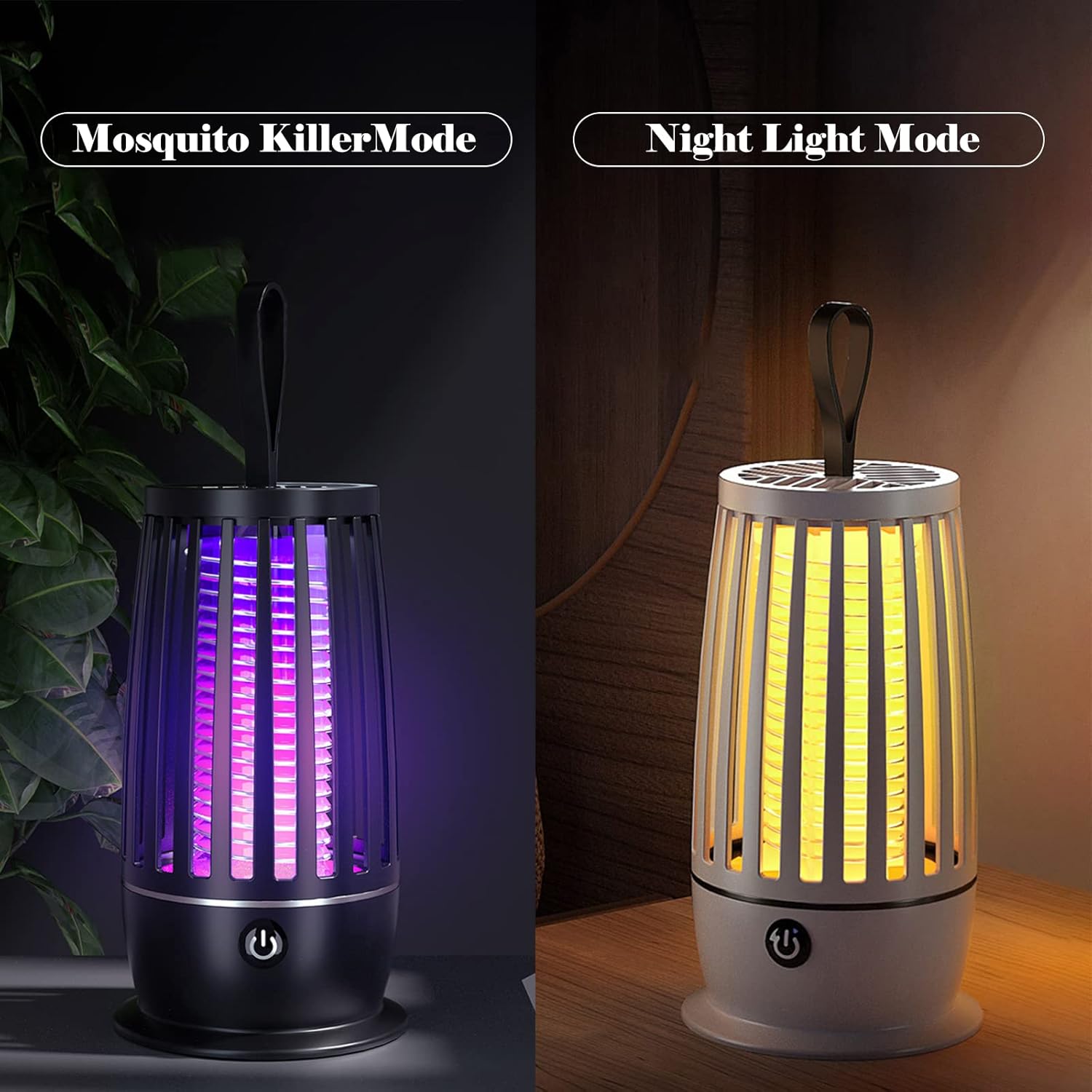 Two modes of a mosquito killer lamp with purple lights on one side and yellow lights on the other, set against dark and warm brown backgrounds.