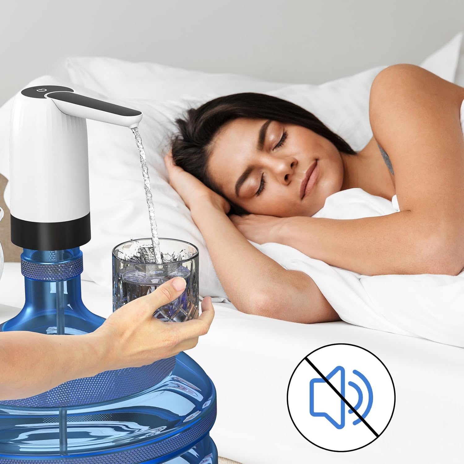 A Person taking water from Can Using Rechargeable Electric Water Dispenser Pump While another Person is Sleeping.