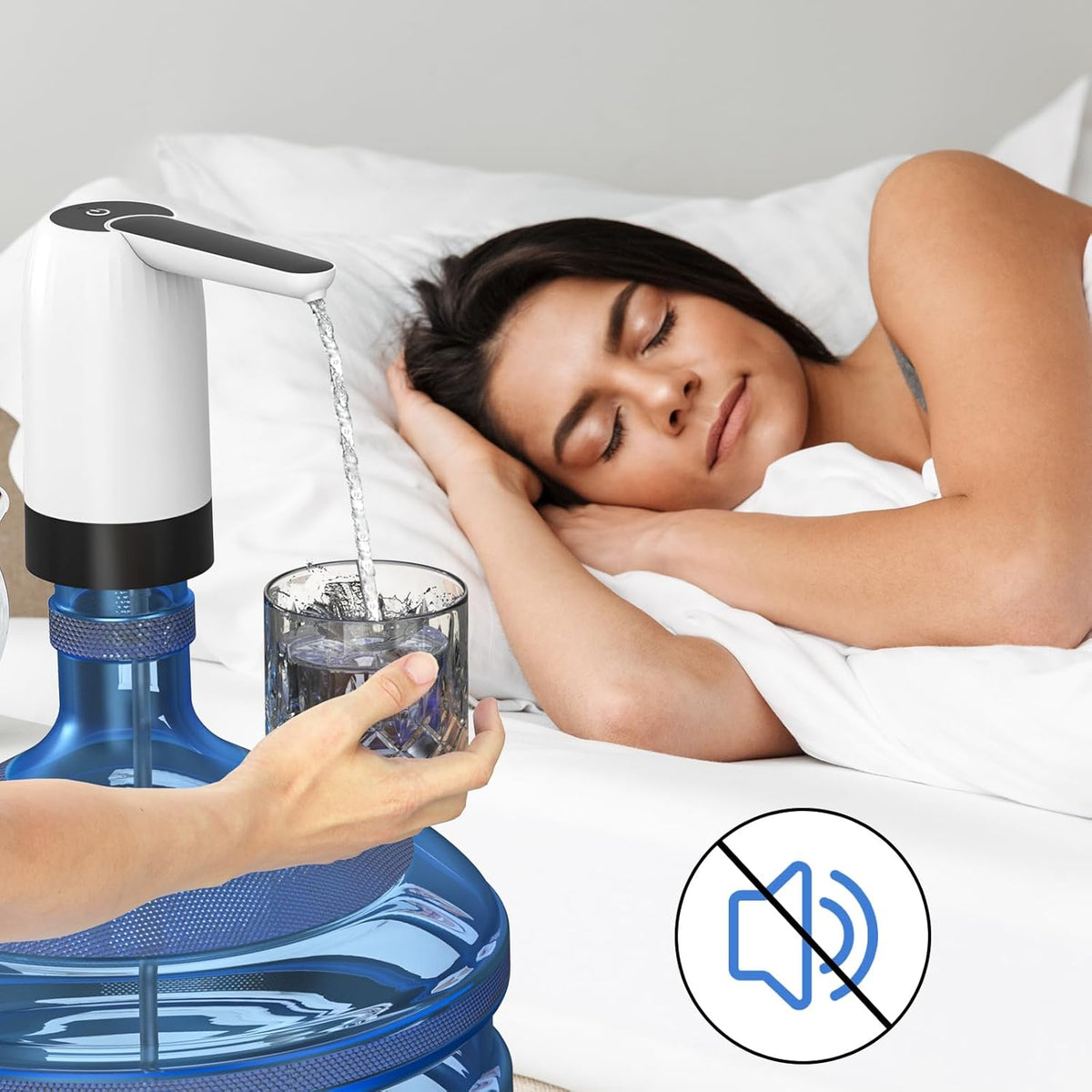 A Person taking water from Can Using Rechargeable Electric Water Dispenser Pump While another Person is Sleeping.