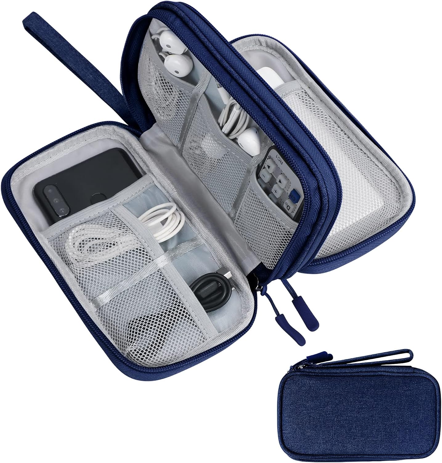 Blue Electronic Accessories Organizer Travel Case with compartments for various items on a white background