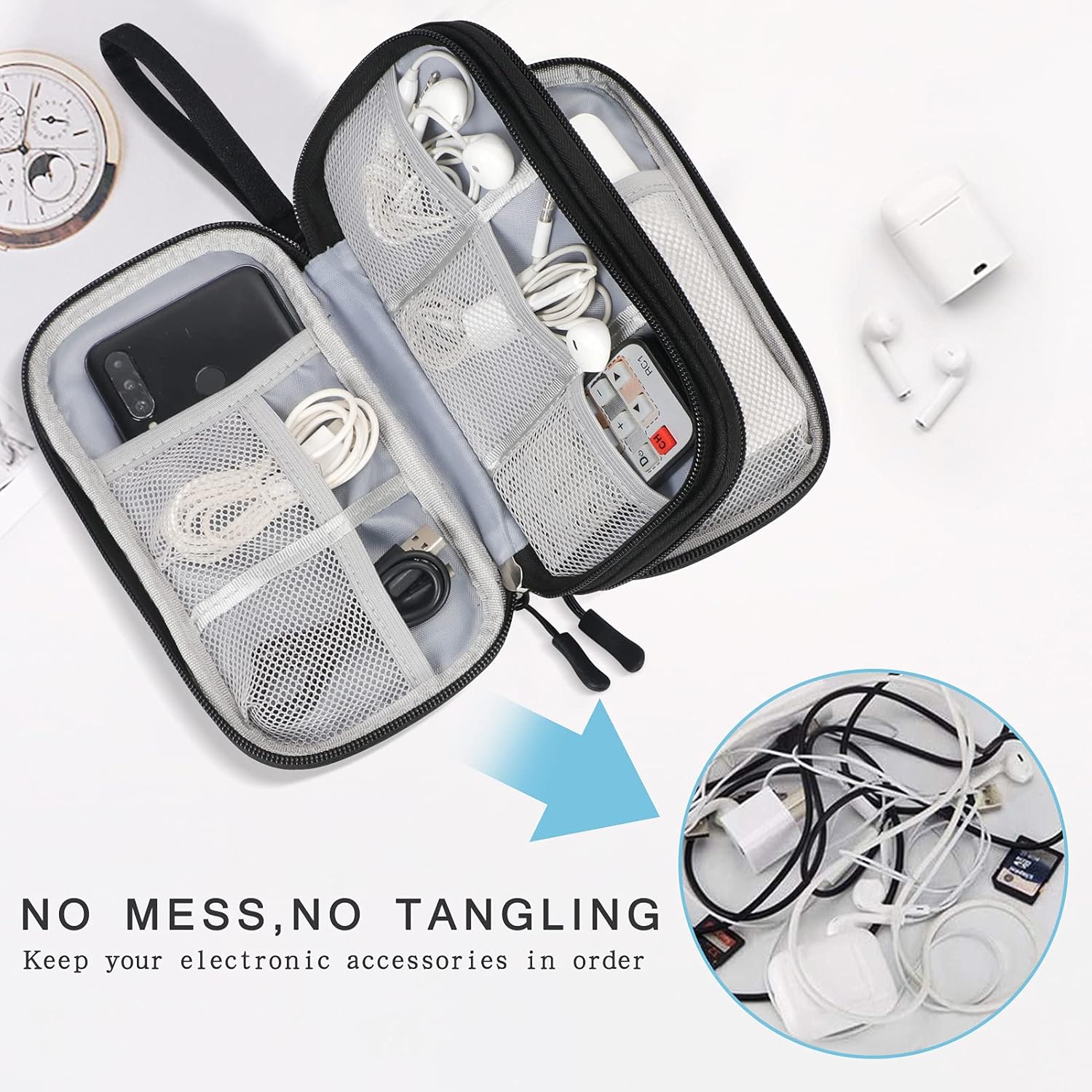 Electronic Accessories Organizer Travel Case with compartments for electronic accessories.