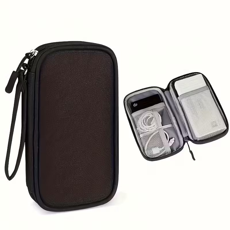 Black Electronic Accessories Organizer Travel Case with a zipper, showing its interior with electronic devices and cables on a white background.