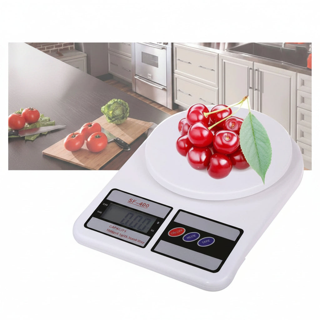 Digital kitchen scale with cherries on a white background