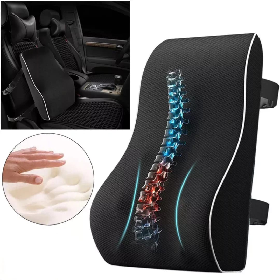 Black ergonomic seat cushion with a spinal design, shown in a car and close-up of texture.