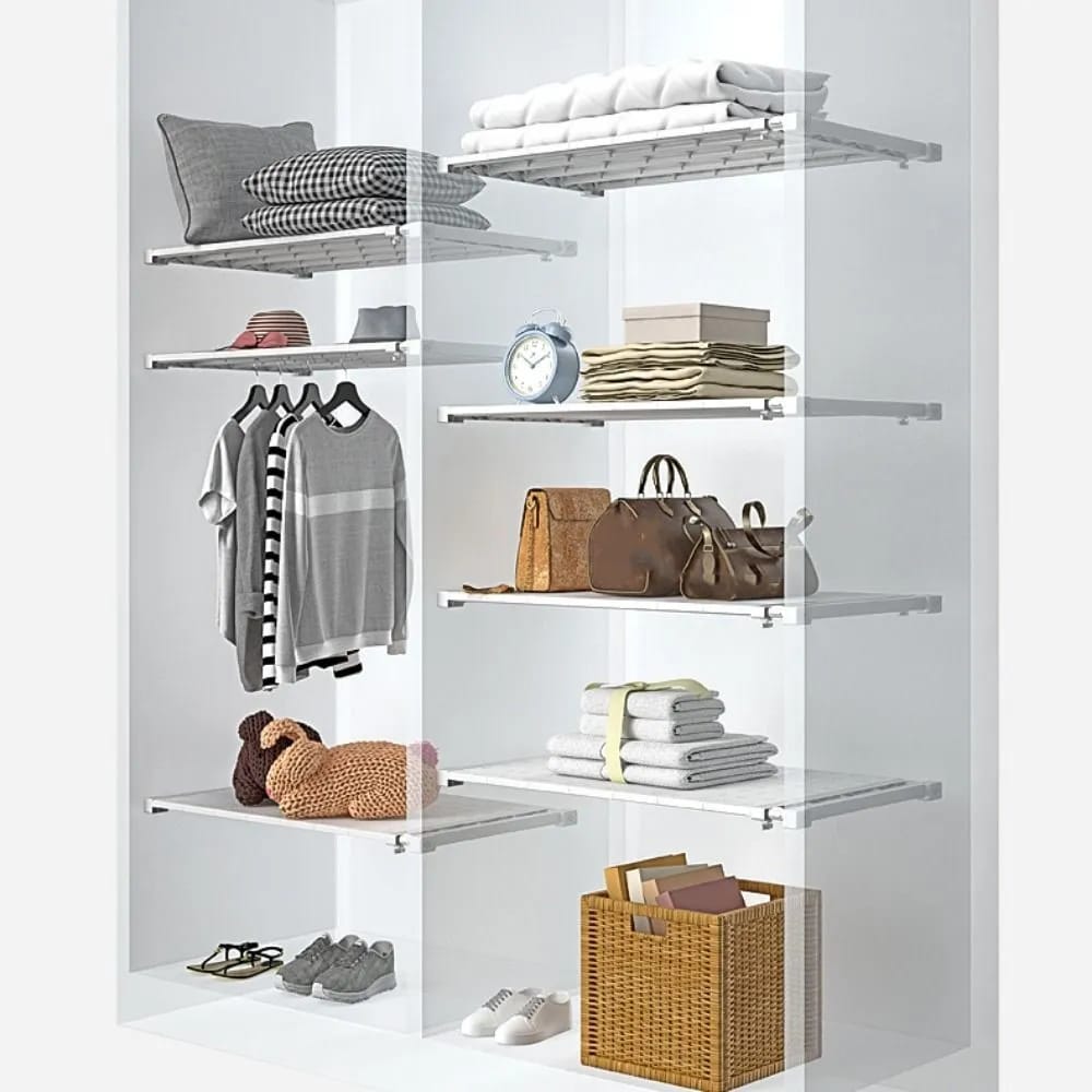 Expandable Closet Tension Shelf Divider with something arranged on it