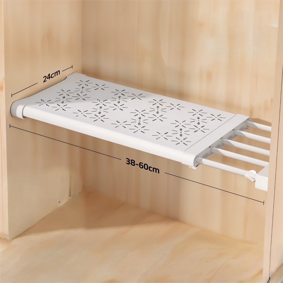 Expandable Closet Tension Shelf Divider is attached on a shelf.
