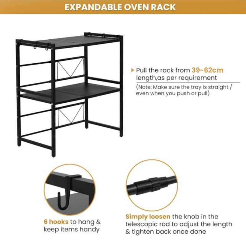 A Black Expandable Microwave Oven Rack Shelf.