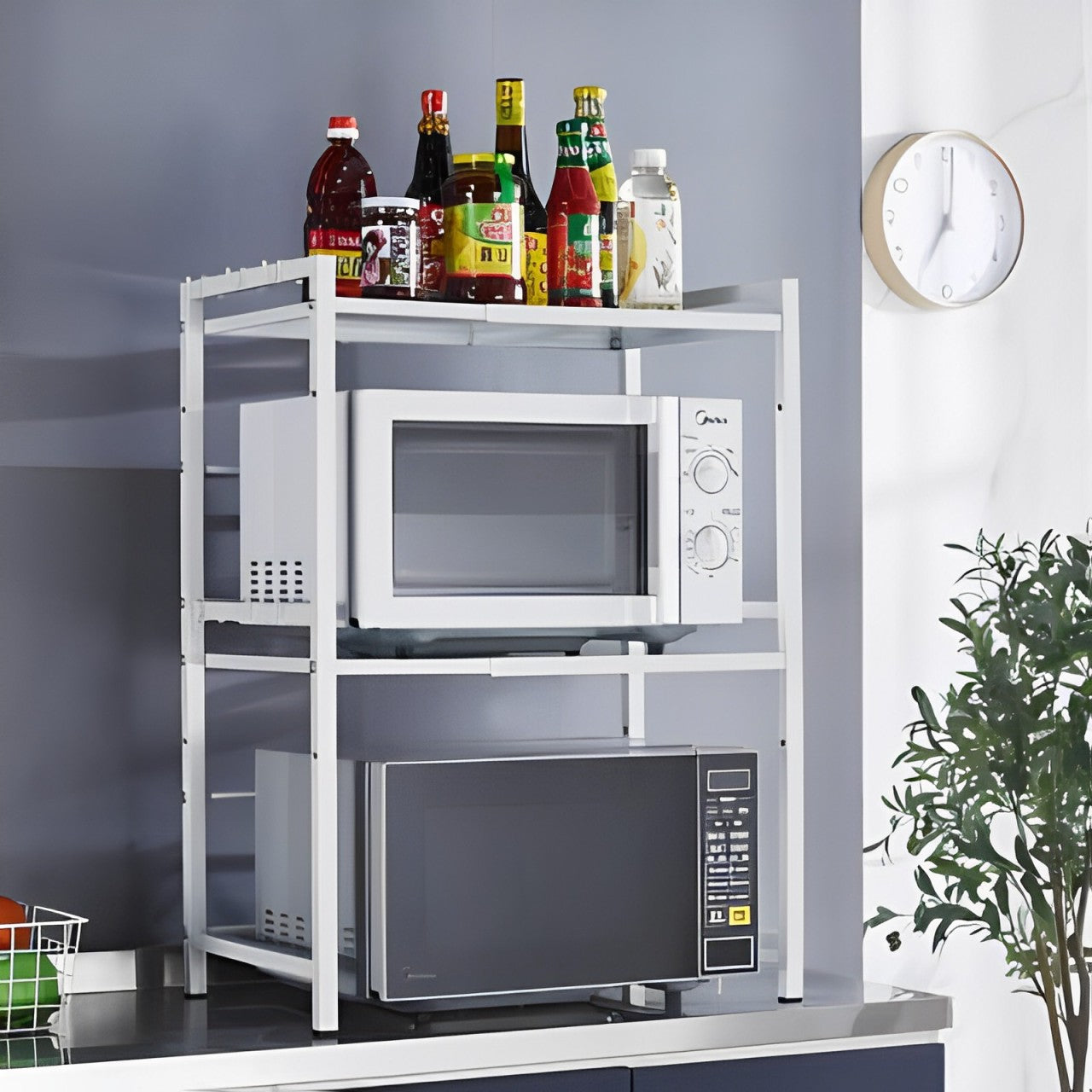 A Expandable Microwave Oven Rack Shelf is Placed At Kitchen Countertop with Oven and Kitchen Essentials.