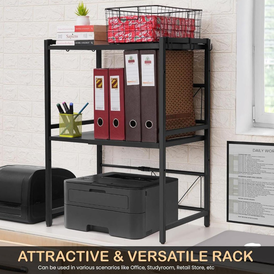 A Expandable Microwave Oven Rack Shelf is Placed at Office and Organized With Office Essentials.