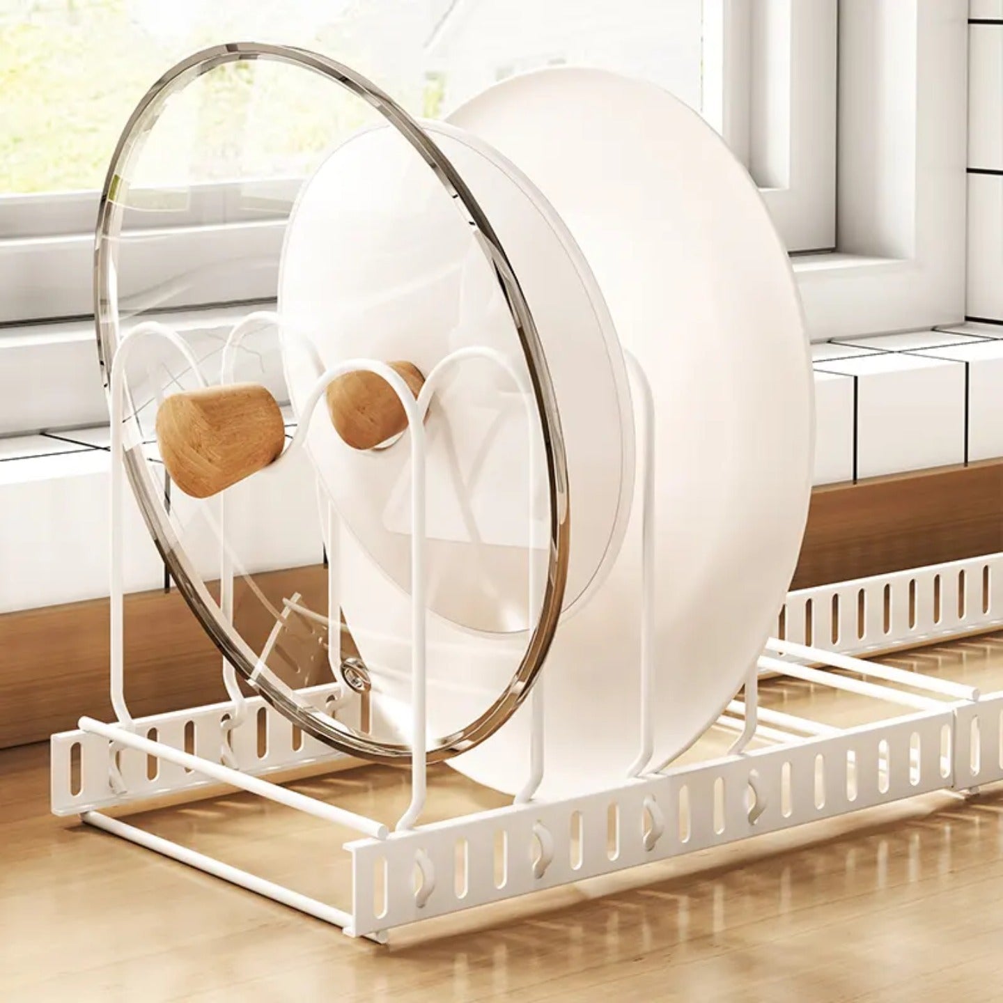 Expandable Pot and Pan Organizer Rack Organized with Lids and Plates.