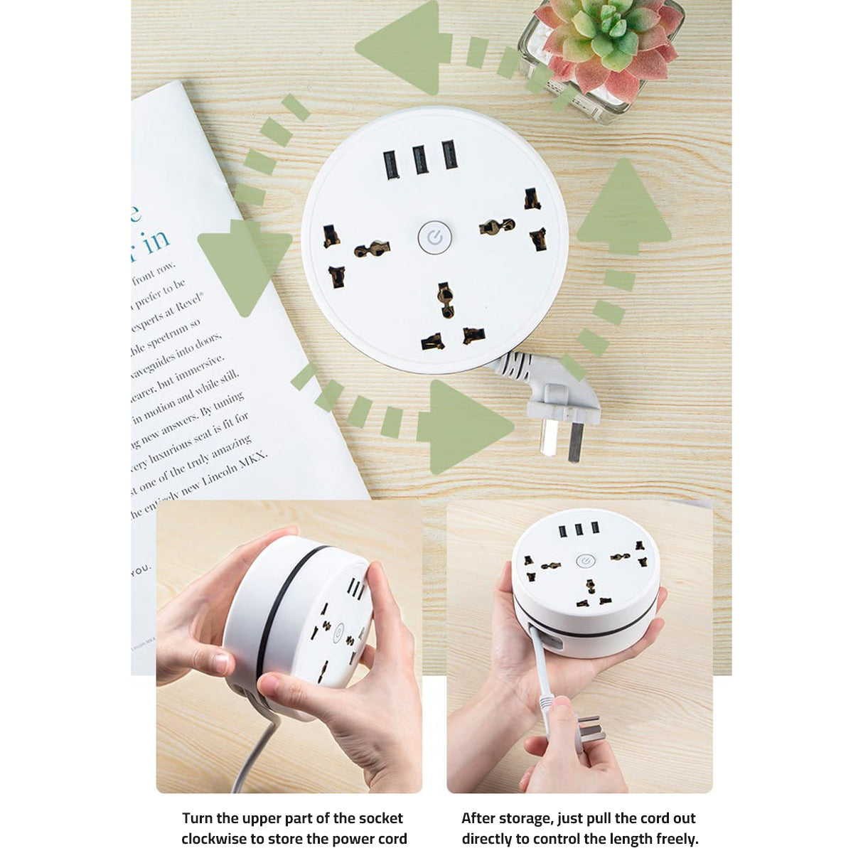 A Person is Holding Round Universal Converter Power Strip Adapter - Extension Socket 3 Outlets with 3 USB Ports placed on desk