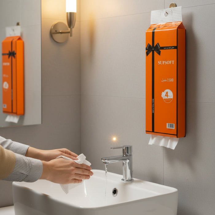 An orange wall-mounted tissue dispenser labeled SUPSOFT is shown installed on a bathroom wall beside a sink, with a person's hands holding a tissue near the faucet. The product packaging is orange with black ribbon graphics and white text.
