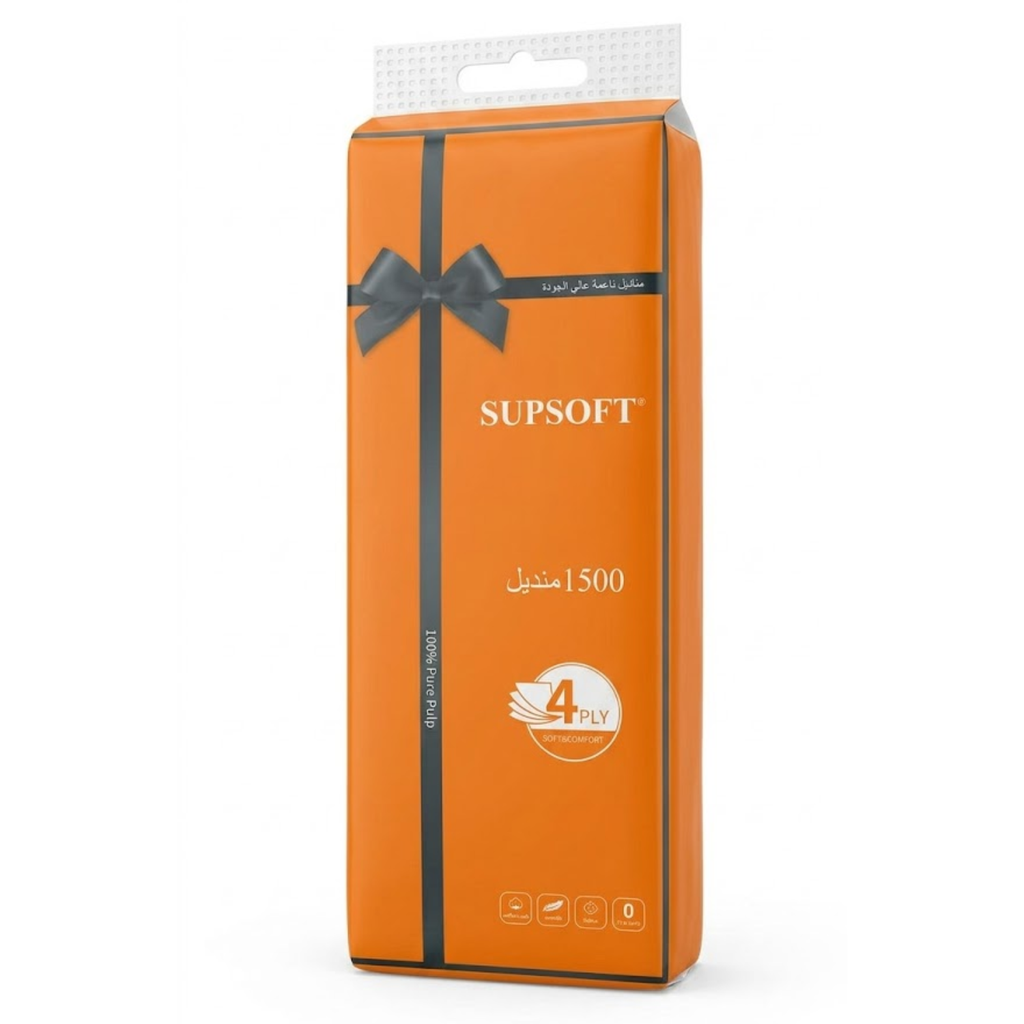 Supsoft toilet paper package with orange box and black bow on a white background