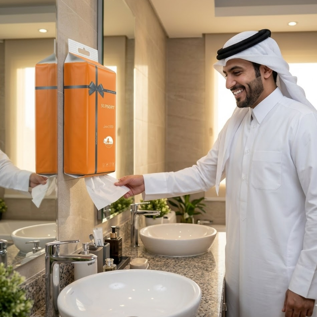 Man using a Extra Soft Tissue Pack dispenser in a modern bathroom.