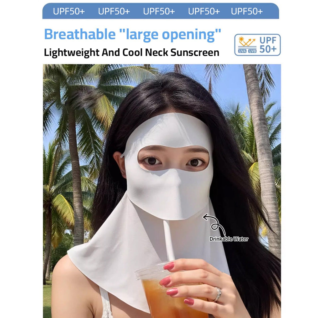 A person wearing sun protection mask,  drinking juice without removing the mask