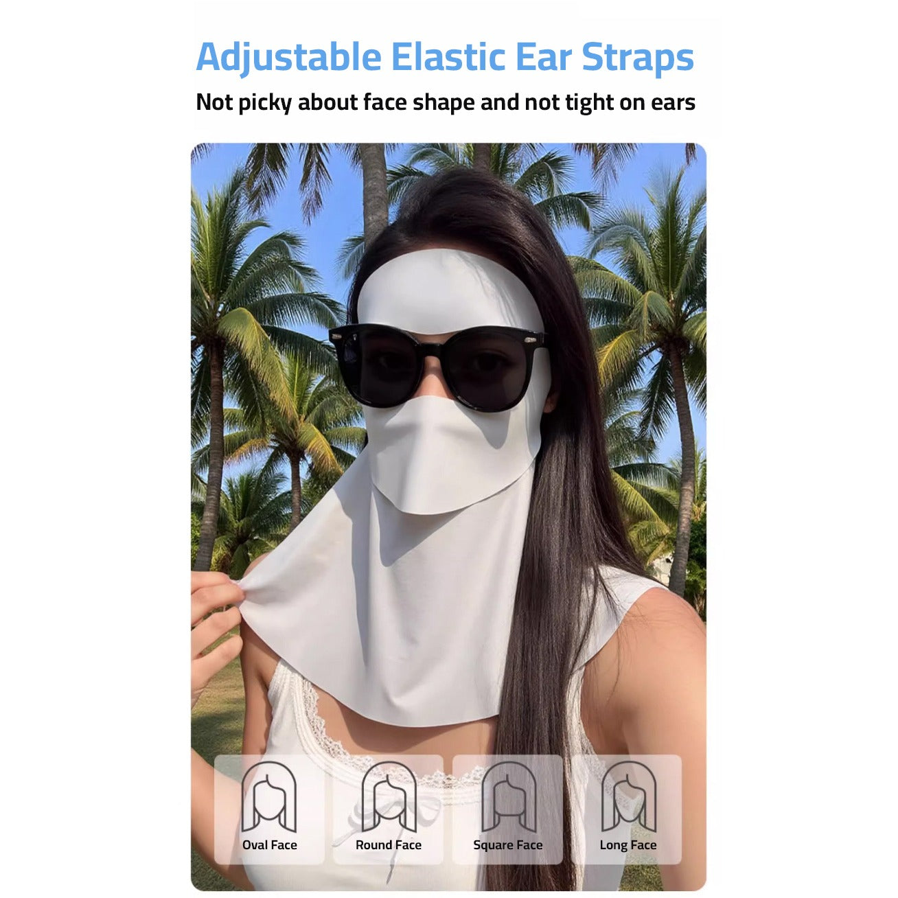 A lady wearing adjustable ear straps full face coverage sun protection mask in outdoor