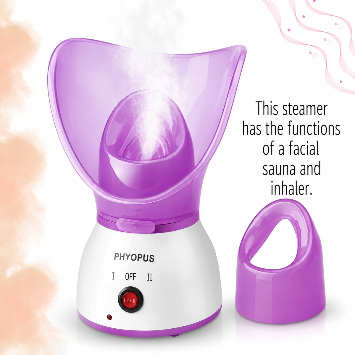 A purple and white PHYOPUS facial steamer and inhaler device shown on a white background with decorative soft peach clouds and text reading 'This steamer has the functions of a facial sauna and inhaler.' A matching purple cap is placed beside the main device.