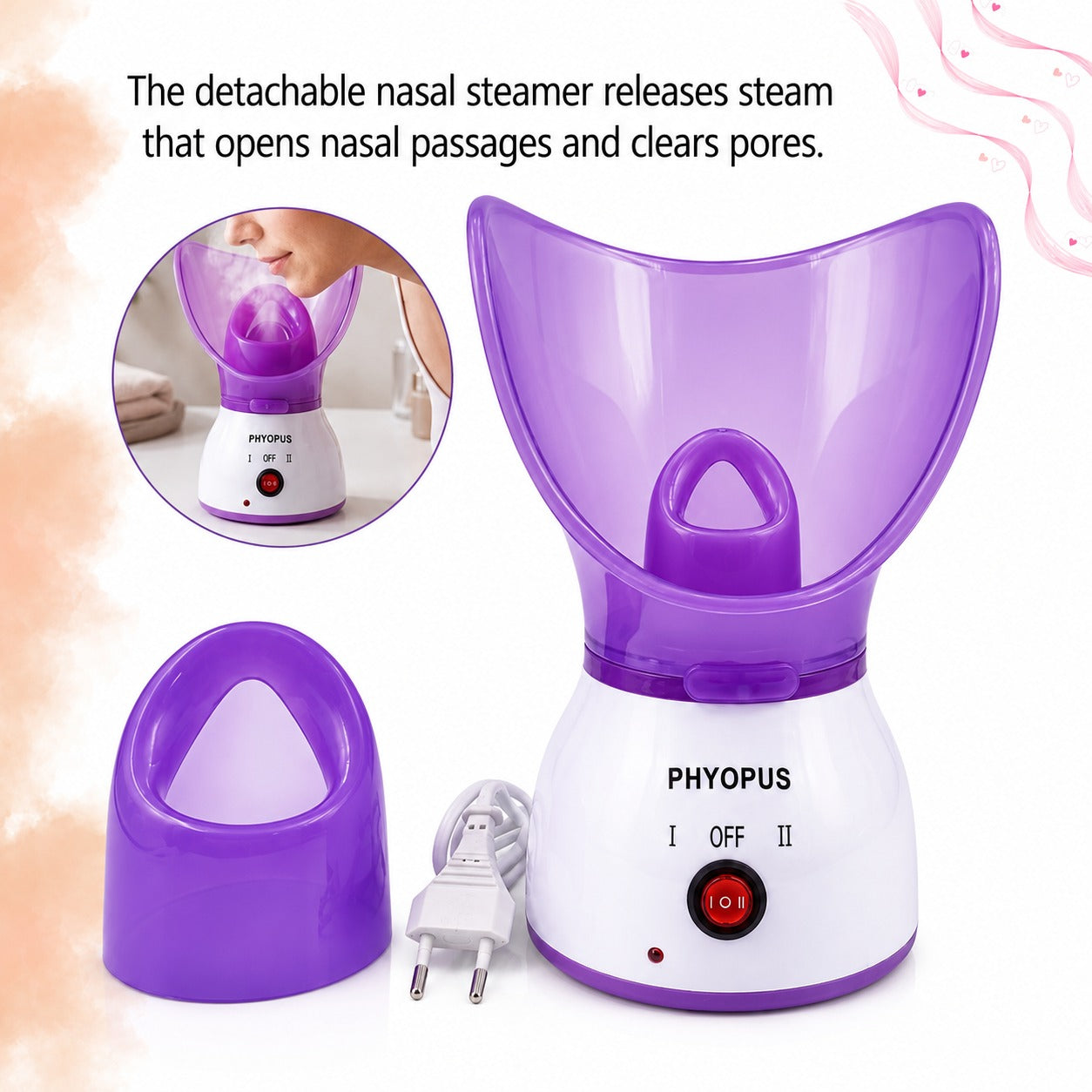 Facial Steamer Face Sauna Steam Machine  in purple and white, shown with its detachable bowl, power cord, and a circular inset demonstrating steam use. Text at the top explains that the detachable nasal steamer releases steam to open nasal passages and clear pores.