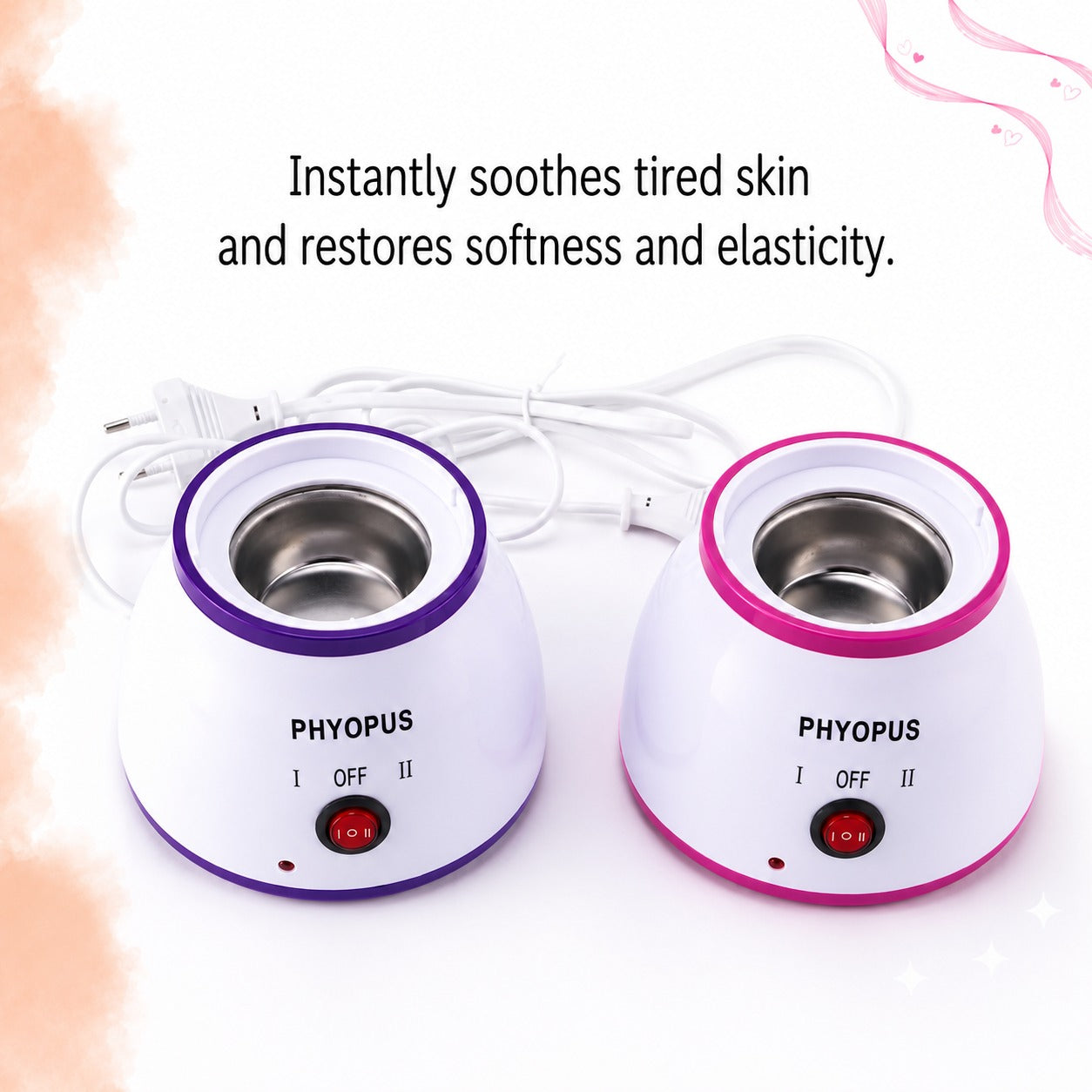 Facial Steamer Face Sauna Steam Machine with stainless steel interiors, one with a purple rim and one with a pink rim, shown on a white background with product text above.
