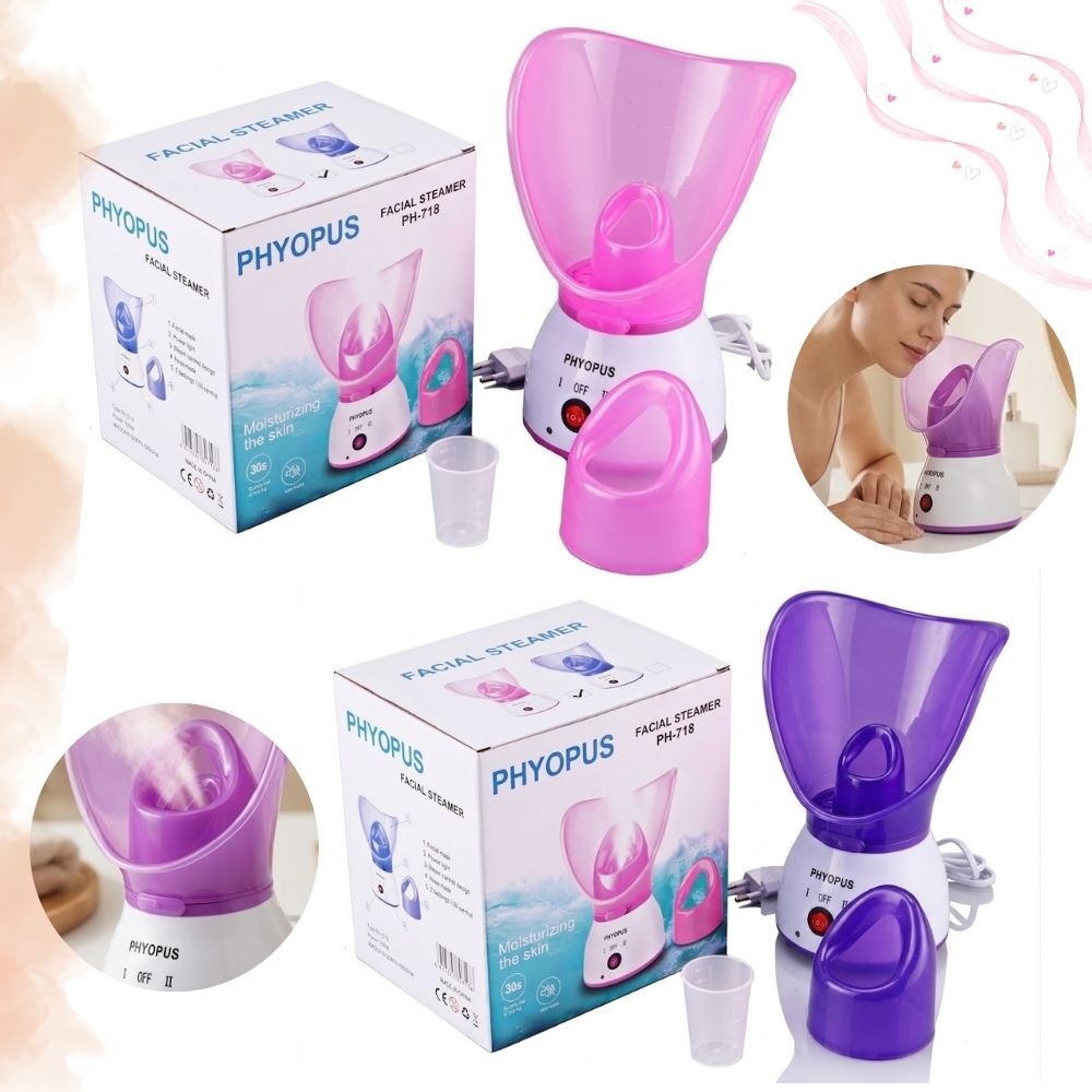 Two Facial Steamer Face Sauna Steam Machine  shown with their retail boxes, a small clear cup, and circular inset photos demonstrating use. One steamer is pink and white, and the other is purple and white.