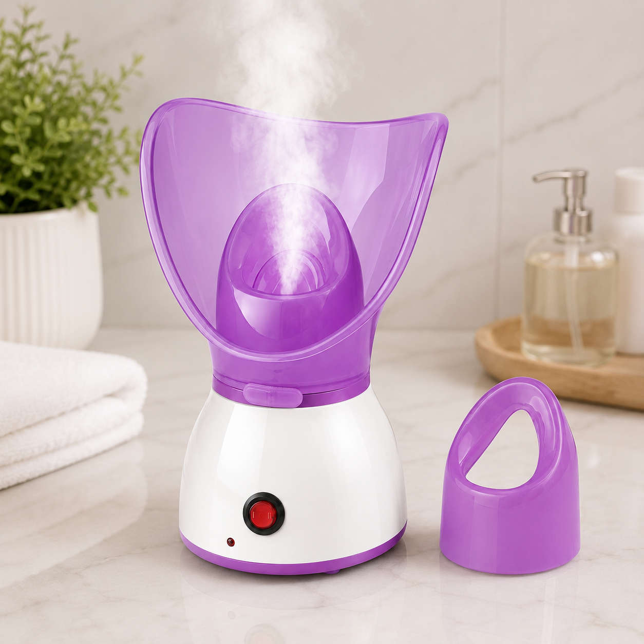 A Facial Steamer Face Sauna Steam Machine sits on a light marble countertop. Steam is visibly rising from the top, and the background shows a softly blurred bathroom or spa setting with a plant, folded towel, and soap dispenser.