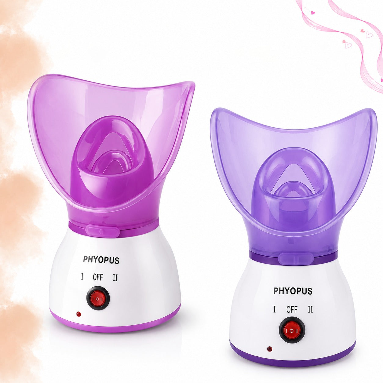 Two Phyopus facial steamers in purple and white, shown side by side on a clean white background with subtle decorative swirls.