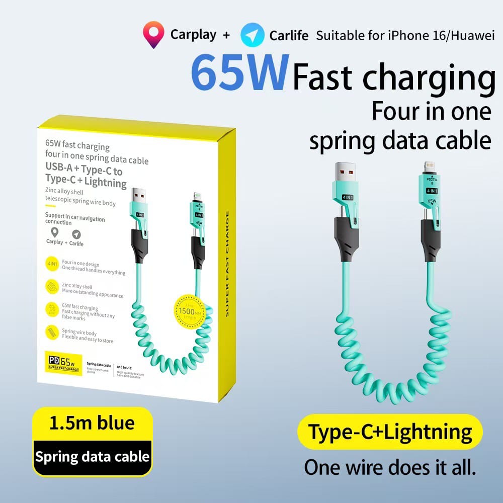 Fast Charging 4-in-1 Spring Data Cable (65W), USB-A + Type-C to Type-C + Lightning Fast Charging 4-in-1 Spring Data Cable (65W), USB-A + Type-C to Type-C + Lightning