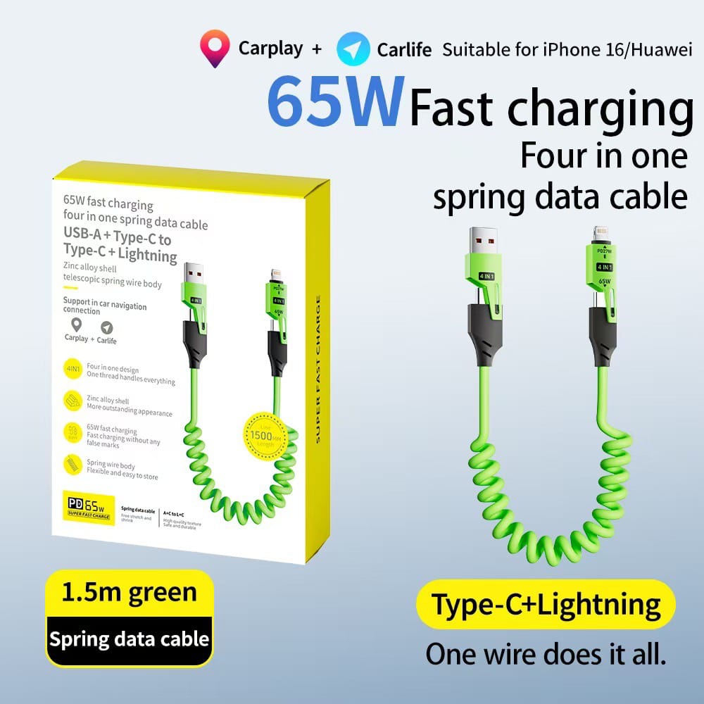 Fast Charging 4-in-1 Spring Data Cable In Green Color.