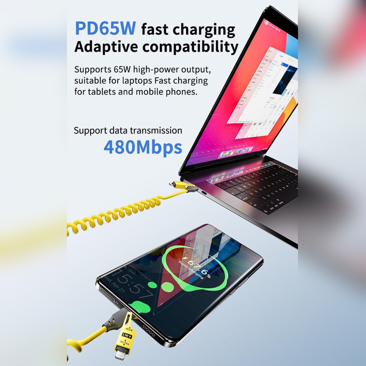 Fast Charging 4-in-1 Spring Data Cable is Connected to Mobile Phone and Laptop.