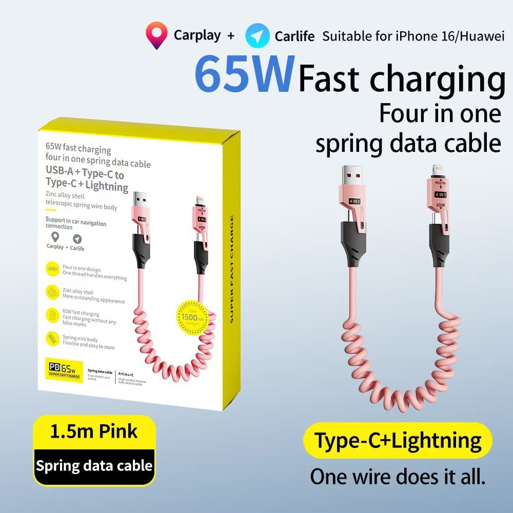 Fast Charging 4-in-1 Spring Data Cable in Pink Color.