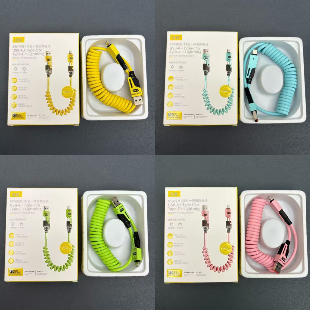 Fast Charging 4-in-1 Spring Data Cable (65W), USB-A + Type-C to Type-C + Lightning Fast Charging 4-in-1 Spring Data Cable (65W), USB-A + Type-C to Type-C + Lightning