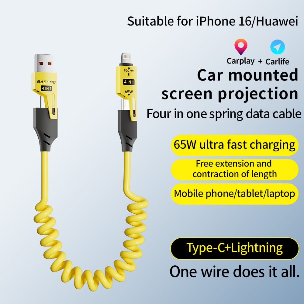 Fast Charging 4-in-1 Spring Data Cable (65W), USB-A + Type-C to Type-C + Lightning Fast Charging 4-in-1 Spring Data Cable (65W), USB-A + Type-C to Type-C + Lightning
