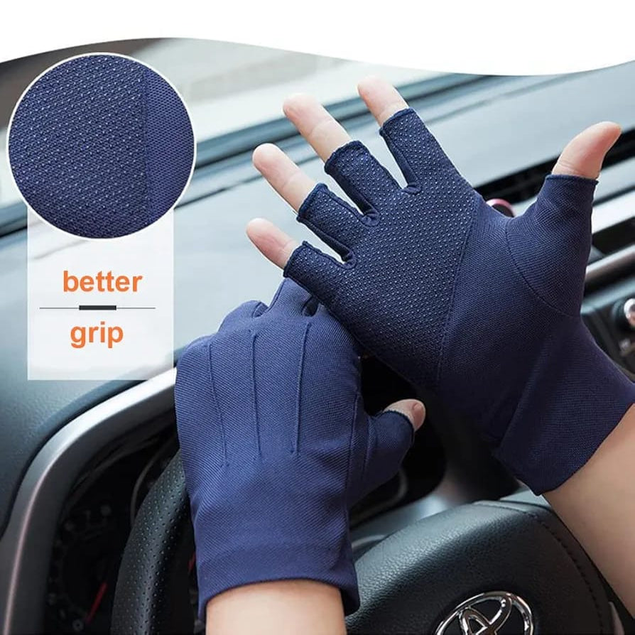 A Person is Wearing Fingerless Gloves While Driving.