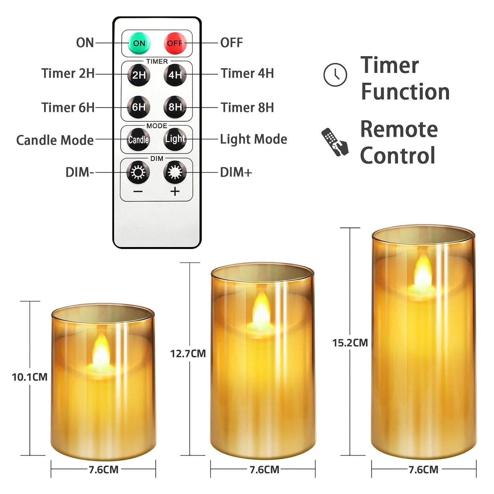 size and function of 3pcs Flameless Candle with Remote