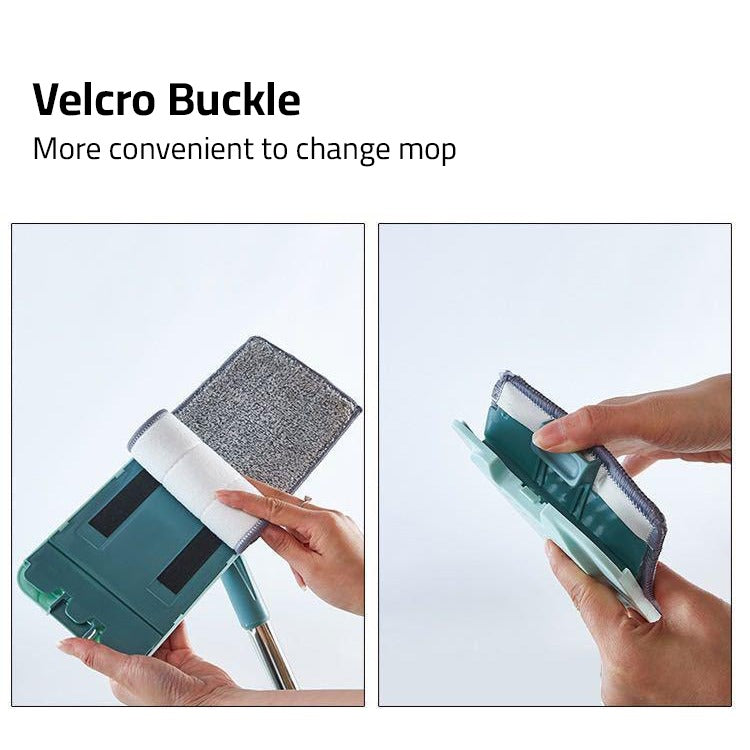 A Person is Fixing Pad On Mop Of Flat Floor Mop Hands-Free Squeeze Bucket Set 