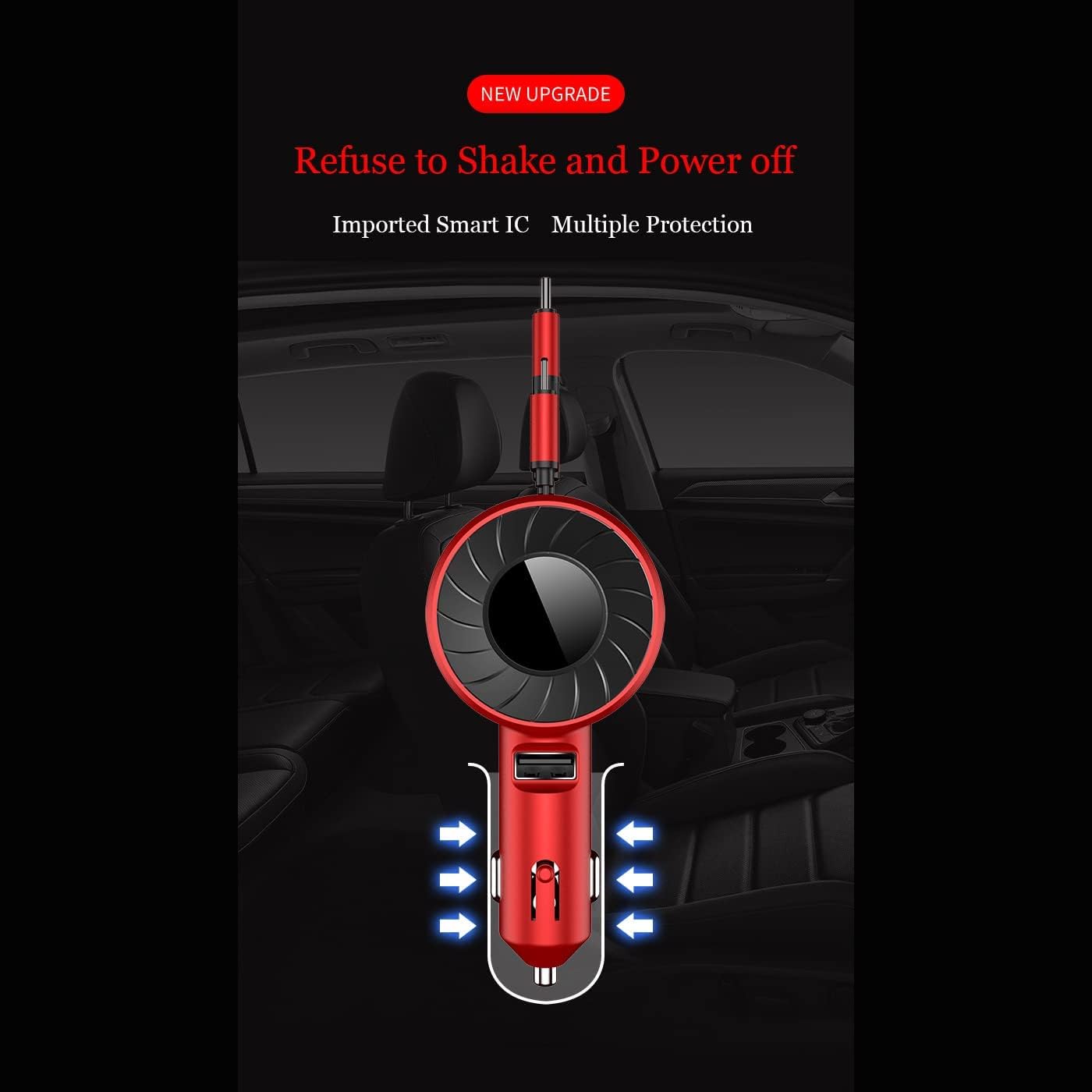 3-in-1 Retractable Cable Multi-Charging Car Charger Adapter with anti-shake design and power-off feature
